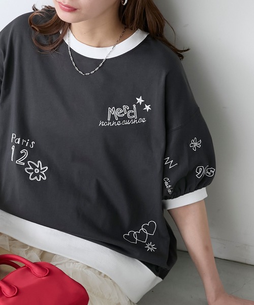BONLECILL（ボンルシール）の「レタードデザイン リンガーボリュームスリーブTEE（Tシャツ/カットソー・レディース・チャコールグレー/オートミール/レッド・FREE）」の2枚目の写真
