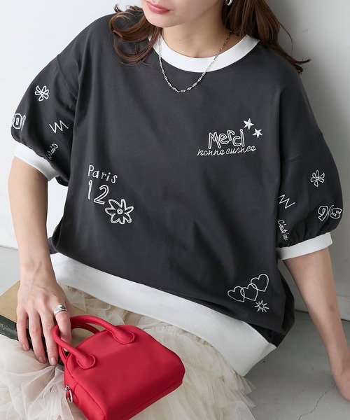 BONLECILL（ボンルシール）の「レタードデザイン リンガーボリュームスリーブTEE（Tシャツ/カットソー・レディース・チャコールグレー/オートミール/レッド・FREE）」の22枚目の写真
