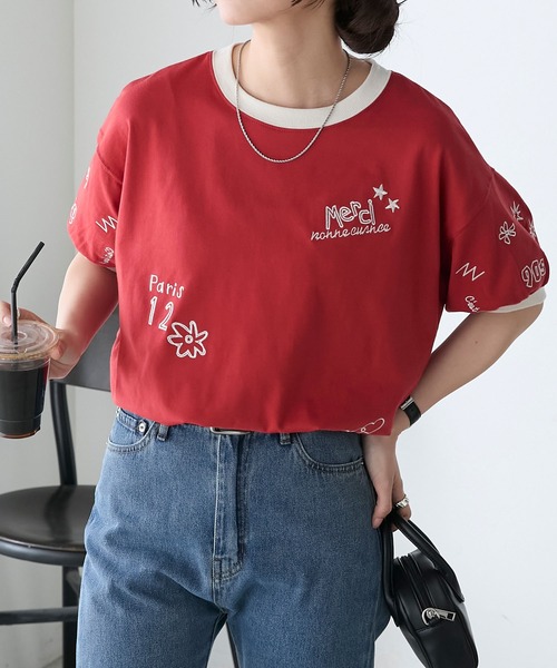 BONLECILL（ボンルシール）の「レタードデザイン リンガーボリュームスリーブTEE（Tシャツ/カットソー・レディース・チャコールグレー/オートミール/レッド・FREE）」の4枚目の写真