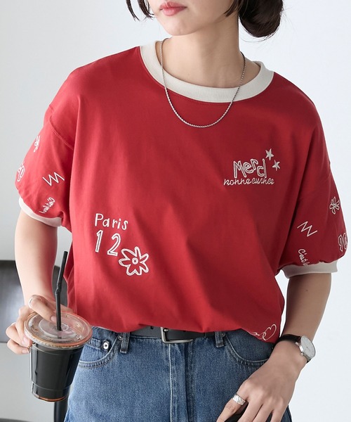 BONLECILL（ボンルシール）の「レタードデザイン リンガーボリュームスリーブTEE（Tシャツ/カットソー・レディース・チャコールグレー/オートミール/レッド・FREE）」の5枚目の写真