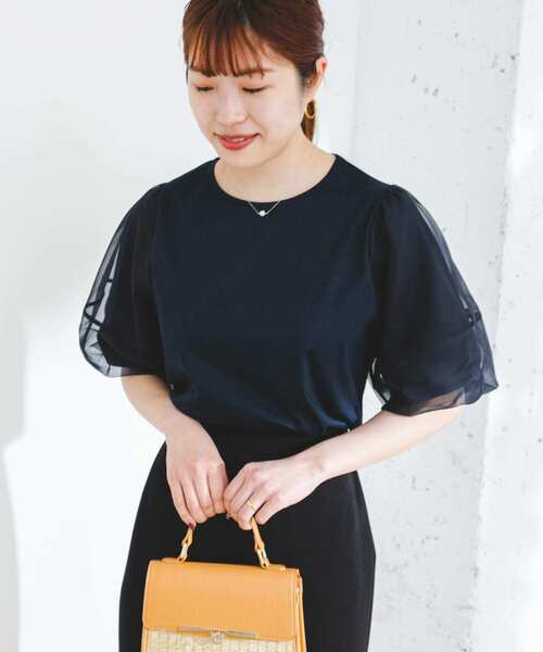 F by ROSSO(エフバイロッソ)の「F by ROSSO オーガンジードッキングプルオーバー(Tシャツ/カットソー・レディース・ネイビー/オフホワイト・FREE)」の2枚目の写真