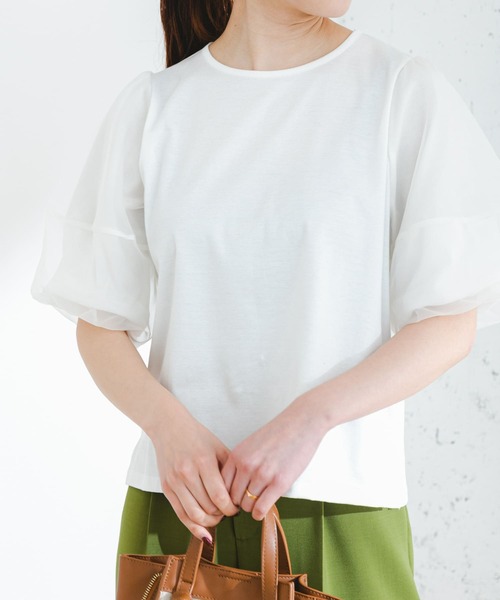 F by ROSSO(エフバイロッソ)の「F by ROSSO オーガンジードッキングプルオーバー(Tシャツ/カットソー・レディース・ネイビー/オフホワイト・FREE)」の4枚目の写真