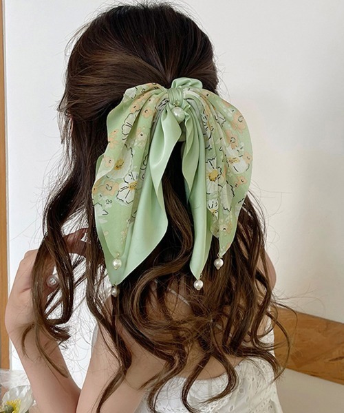 Miniministore（ミニミニストア）の「花柄 スカーフシュシュ春夏リボンヘアゴム（シュシュ・レディース・ベージュ/ミント/ブラック/ブルー・FREE）」の3枚目の写真