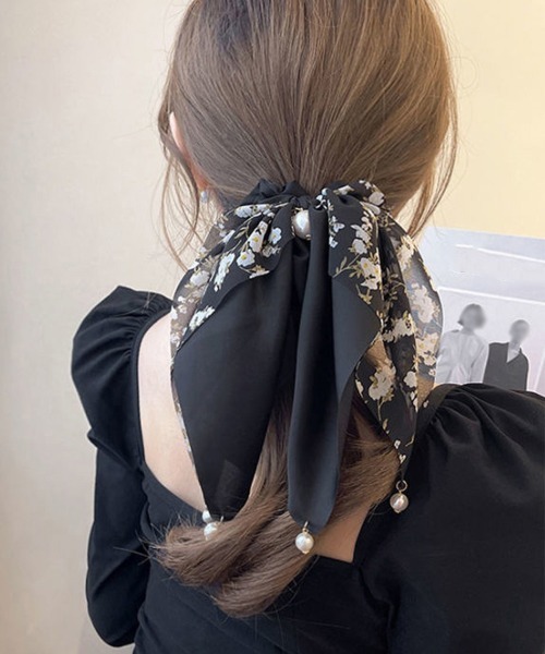 Miniministore（ミニミニストア）の「花柄 スカーフシュシュ春夏リボンヘアゴム（シュシュ・レディース・ベージュ/ミント/ブラック/ブルー・FREE）」の2枚目の写真