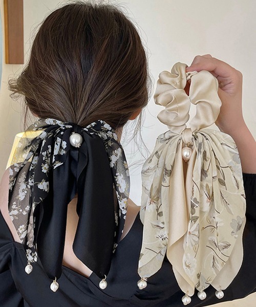 Miniministore（ミニミニストア）の「花柄 スカーフシュシュ春夏リボンヘアゴム（シュシュ・レディース・ベージュ/ミント/ブラック/ブルー・FREE）」の13枚目の写真