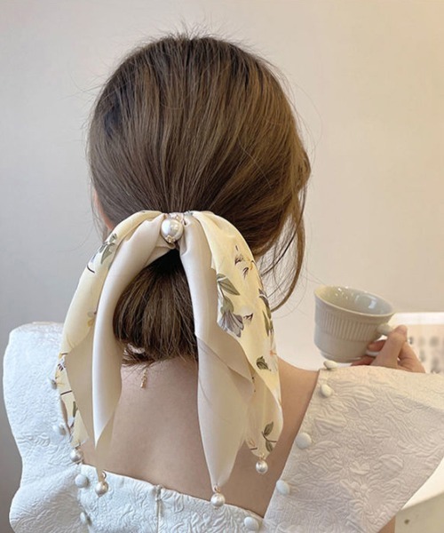 Miniministore（ミニミニストア）の「花柄 スカーフシュシュ春夏リボンヘアゴム（シュシュ・レディース・ベージュ/ミント/ブラック/ブルー・FREE）」の14枚目の写真