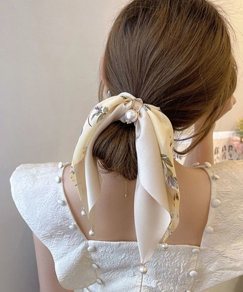 Miniministore（ミニミニストア）の「花柄 スカーフシュシュ春夏リボンヘアゴム（シュシュ・レディース・ベージュ/ミント/ブラック/ブルー・FREE）」の15枚目の写真