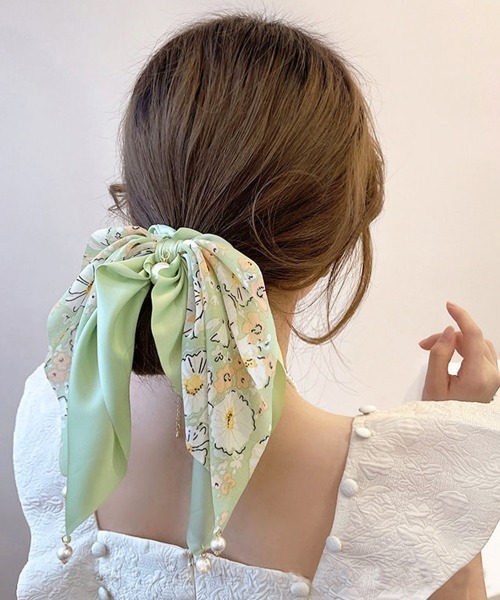 Miniministore（ミニミニストア）の「花柄 スカーフシュシュ春夏リボンヘアゴム（シュシュ・レディース・ベージュ/ミント/ブラック/ブルー・FREE）」の6枚目の写真