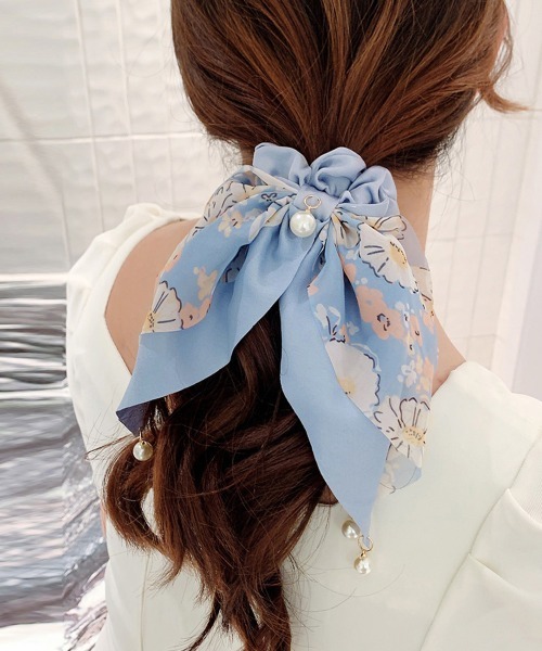 Miniministore（ミニミニストア）の「花柄 スカーフシュシュ春夏リボンヘアゴム（シュシュ・レディース・ベージュ/ミント/ブラック/ブルー・FREE）」の7枚目の写真