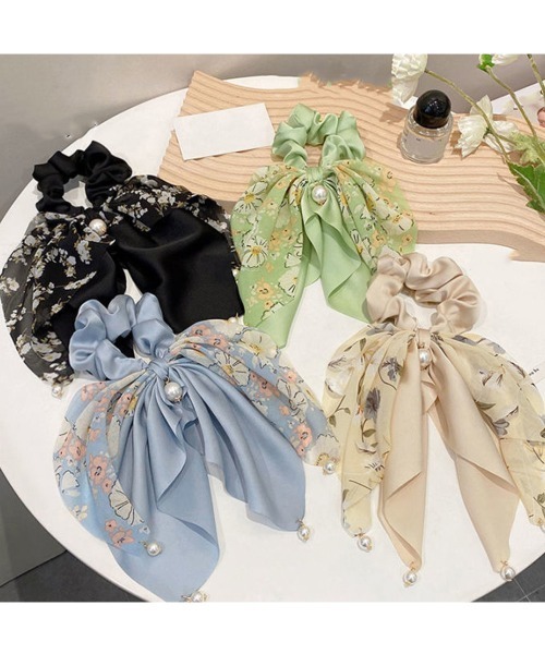 Miniministore（ミニミニストア）の「花柄 スカーフシュシュ春夏リボンヘアゴム（シュシュ・レディース・ベージュ/ミント/ブラック/ブルー・FREE）」の8枚目の写真