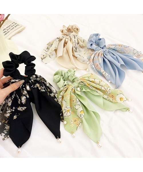 Miniministore（ミニミニストア）の「花柄 スカーフシュシュ春夏リボンヘアゴム（シュシュ・レディース・ベージュ/ミント/ブラック/ブルー・FREE）」の9枚目の写真