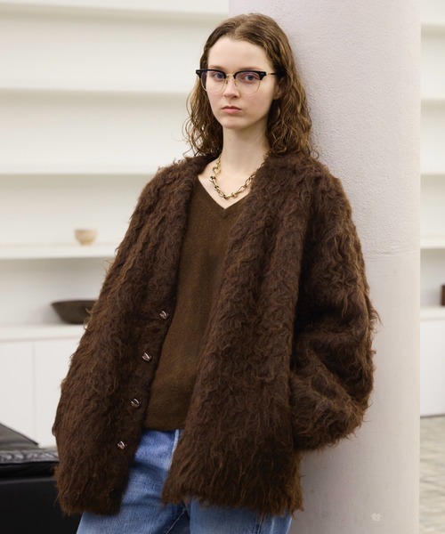 soerteウールブレンドボリュームシャギーニットカーディガン イエローサイズ1 Wool blend super volume shaggy knit cardigan / ウールブレンド