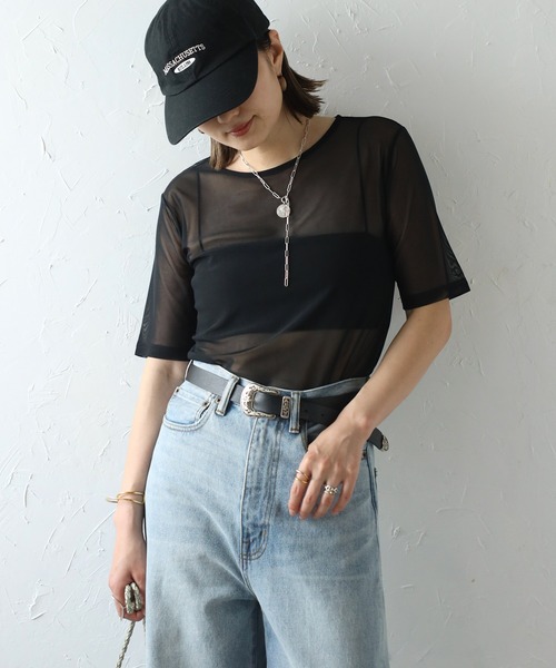 Bonjour Sagan(ボンジュールサガン)の「クルーネックハーフスリーブシアープルオーバー(Tシャツ/カットソー・レディース・オフホワイト/ライトイエロー/ベージュ/ブラック/ライトブルー・FREE)」の3枚目の写真