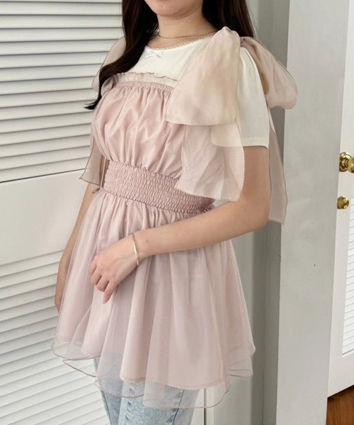 one after another NICE CLAUP（ワンアフターアナザーナイスクラップ）の「リボン取り外し可/ビスチェチュニック（キャミソール・レディース・アイボリー/チャコールグレー/ブラック系その他/ピンク系その他・FREE）」の4枚目の写真