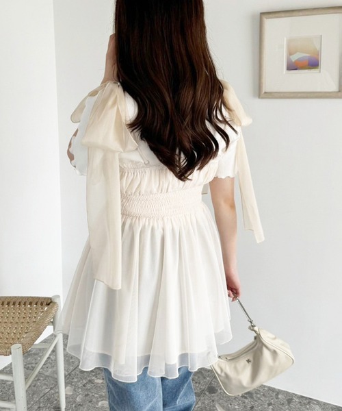 one after another NICE CLAUP（ワンアフターアナザーナイスクラップ）の「リボン取り外し可/ビスチェチュニック（キャミソール・レディース・アイボリー/チャコールグレー/ブラック系その他/ピンク系その他・FREE）」の9枚目の写真