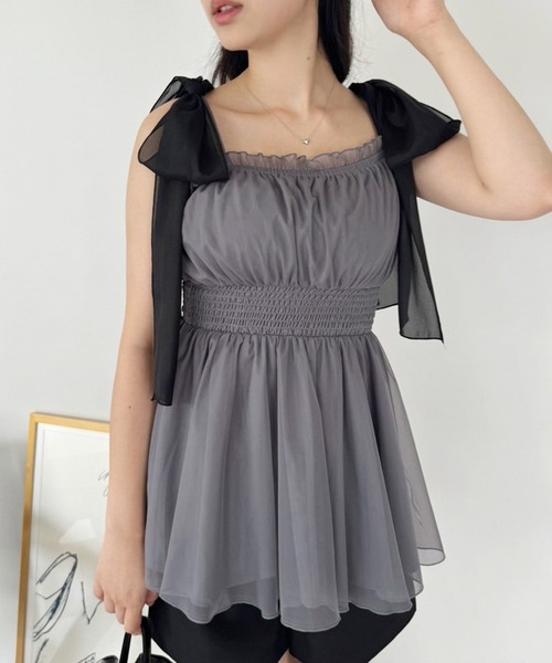 one after another NICE CLAUP（ワンアフターアナザーナイスクラップ）の「リボン取り外し可/ビスチェチュニック（キャミソール・レディース・アイボリー/チャコールグレー/ブラック系その他/ピンク系その他・FREE）」の5枚目の写真