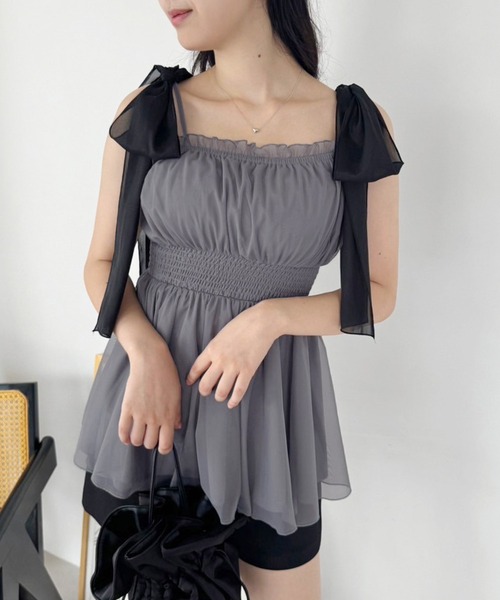 one after another NICE CLAUP（ワンアフターアナザーナイスクラップ）の「リボン取り外し可/ビスチェチュニック（キャミソール・レディース・アイボリー/チャコールグレー/ブラック系その他/ピンク系その他・FREE）」の6枚目の写真