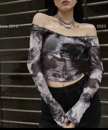 【i-dare】タイダイ柄 シースルー シアー メッシュ クロップド トップス