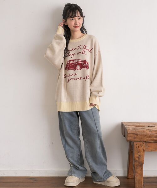 RETRO GIRL（レトロガール）の「【UNISEX】carモチーフNT（ニット/セーター・レディース・ベージュ/ブラック/ナチュラル・FREE）」の7枚目の写真