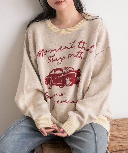 RETRO GIRL（レトロガール）の「【UNISEX】carモチーフNT（ニット/セーター・レディース・ベージュ/ブラック/ナチュラル・FREE）」の3枚目の写真