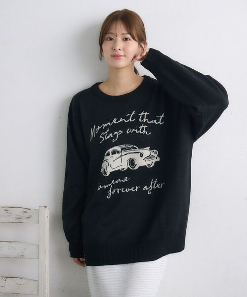 RETRO GIRL（レトロガール）の「【UNISEX】carモチーフNT（ニット/セーター・レディース・ベージュ/ブラック/ナチュラル・FREE）」の4枚目の写真