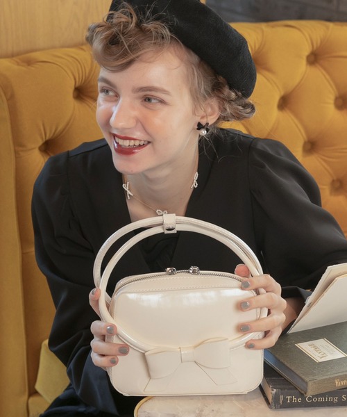 BONLECILL noir】フロントリボン スクエア ミニハンドルハンドバッグ