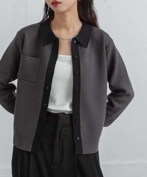 Chillfar（チルファー）の「デイリーカラーポロカーディガン（カーディガン/ボレロ・レディース・ネイビー系/グレー系/レッド/ホワイト×ネイビー/ブラック×グレー・FREE）」の3枚目の写真