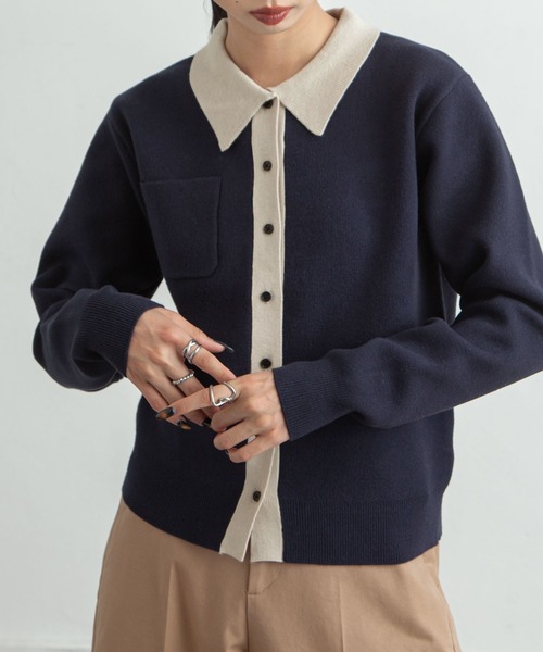 Chillfar（チルファー）の「デイリーカラーポロカーディガン（カーディガン/ボレロ・レディース・ネイビー系/グレー系/レッド/ホワイト×ネイビー/ブラック×グレー・FREE）」の4枚目の写真