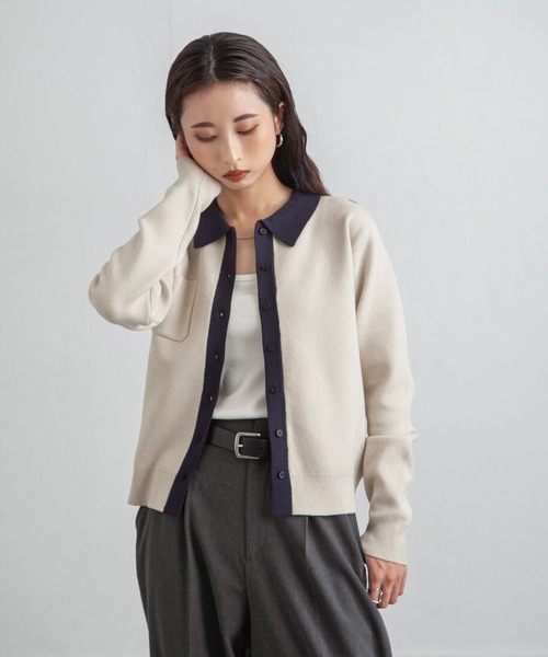 Chillfar（チルファー）の「デイリーカラーポロカーディガン（カーディガン/ボレロ・レディース・ネイビー系/グレー系/レッド/ホワイト×ネイビー/ブラック×グレー・FREE）」の11枚目の写真