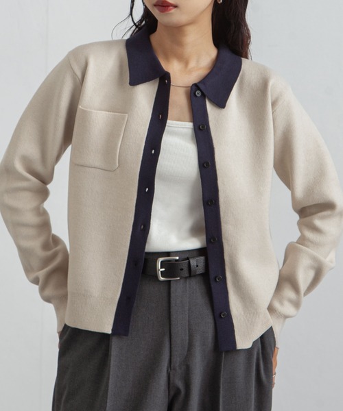 Chillfar（チルファー）の「デイリーカラーポロカーディガン（カーディガン/ボレロ・レディース・ネイビー系/グレー系/レッド/ホワイト×ネイビー/ブラック×グレー・FREE）」の6枚目の写真