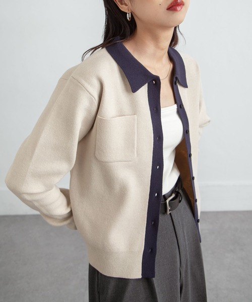 Chillfar（チルファー）の「デイリーカラーポロカーディガン（カーディガン/ボレロ・レディース・ネイビー系/グレー系/レッド/ホワイト×ネイビー/ブラック×グレー・FREE）」の8枚目の写真