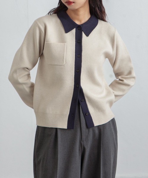 Chillfar（チルファー）の「デイリーカラーポロカーディガン（カーディガン/ボレロ・レディース・ネイビー系/グレー系/レッド/ホワイト×ネイビー/ブラック×グレー・FREE）」の9枚目の写真