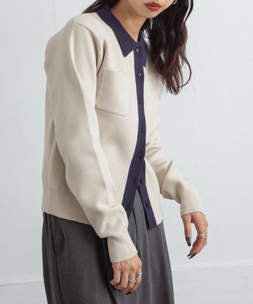 Chillfar（チルファー）の「デイリーカラーポロカーディガン（カーディガン/ボレロ・レディース・ネイビー系/グレー系/レッド/ホワイト×ネイビー/ブラック×グレー・FREE）」の10枚目の写真