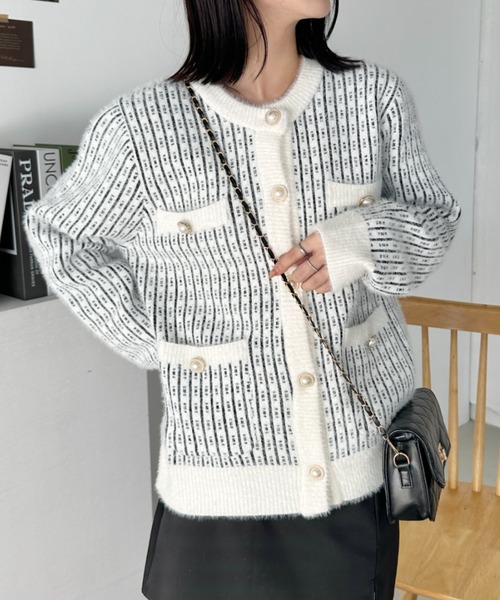 セール】パールボタンツイードニットカーディガン（ニット/セーター