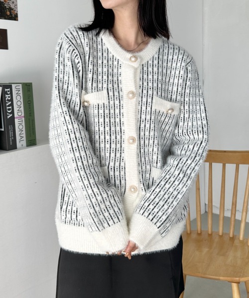 セール】パールボタンツイードニットカーディガン（ニット/セーター