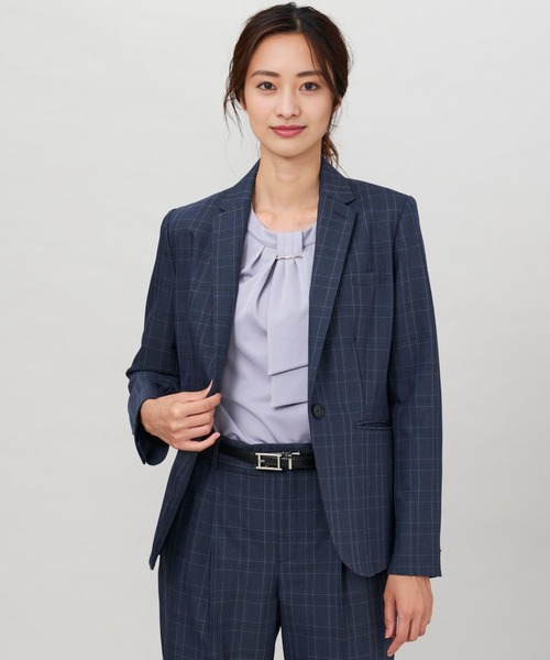 m.f.エディトリアル レディース DELEGANT ストレッチ ウォッシャブル チェック柄 1ボタンジャケット 紺(セットアップ可能)（スーツジャケット）｜m.f.editorial（エムエフエディトリアル）