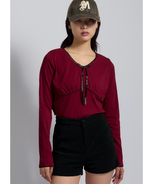 Adoon plain(アドーンプレーン)の「レースドッキングシアーアソートトップス(Tシャツ/カットソー・レディース・レッド/チャコールグレー/ブラック/グレー/ブラウン・FREE)」の5枚目の写真