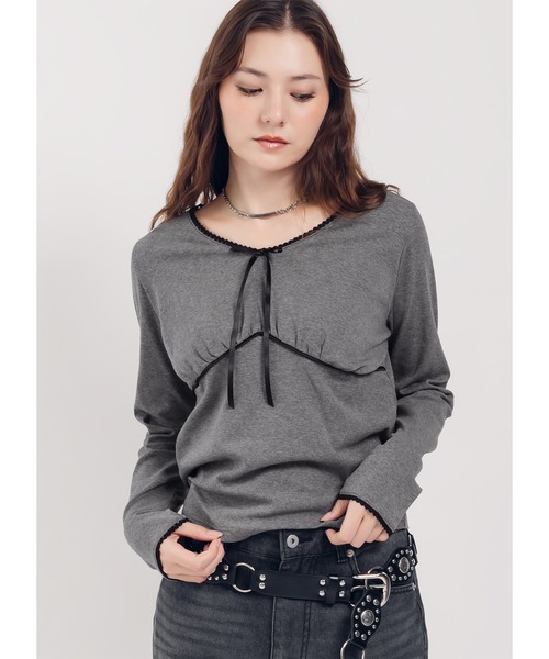 Adoon plain(アドーンプレーン)の「レースドッキングシアーアソートトップス(Tシャツ/カットソー・レディース・レッド/チャコールグレー/ブラック/グレー/ブラウン・FREE)」の1枚目の写真