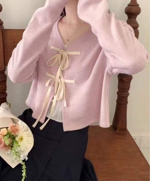kirakiraShop(キラキラショップ)の「フロント リボン ショート カーディガン(カーディガン/ボレロ・レディース・チャコール/ピンク/グリーン・FREE)」の15枚目の写真