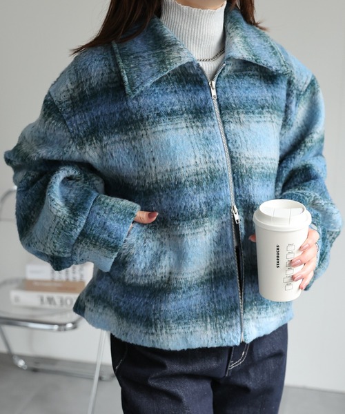 ジャケット・アウター runrunADORABLE SHAGGY CHECK COAT セール】シャギーチェック ダブルジップブルゾン/SHAGGY CHECK COAT