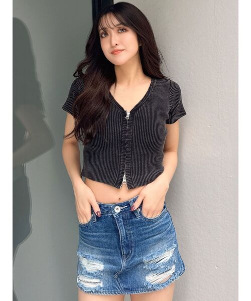 GYDA(ジェイダ)の「ハーフスリーブブリーチWファスナーリブニットトップス(ニット/セーター・レディース・ミント/ライトイエロー/ブラック・FREE)」の4枚目の写真