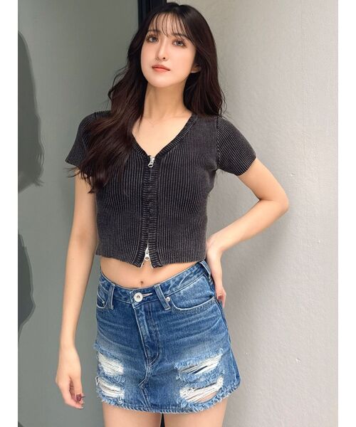 GYDA(ジェイダ)の「ハーフスリーブブリーチWファスナーリブニットトップス(ニット/セーター・レディース・ミント/ライトイエロー/ブラック・FREE)」の5枚目の写真