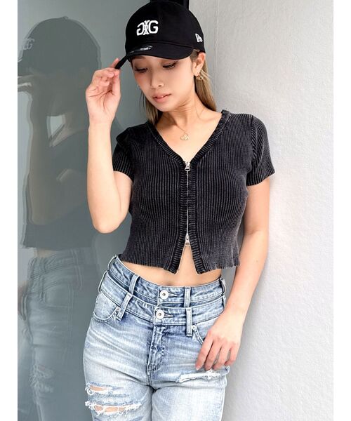 GYDA(ジェイダ)の「ハーフスリーブブリーチWファスナーリブニットトップス(ニット/セーター・レディース・ミント/ライトイエロー/ブラック・FREE)」の12枚目の写真