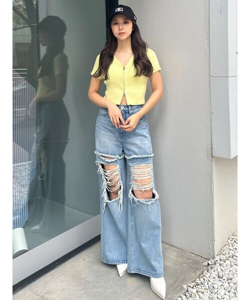 GYDA(ジェイダ)の「ハーフスリーブブリーチWファスナーリブニットトップス(ニット/セーター・レディース・ミント/ライトイエロー/ブラック・FREE)」の22枚目の写真