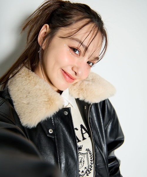 セール】【WEB限定】ファーティペット付フェイクレザーブルゾン