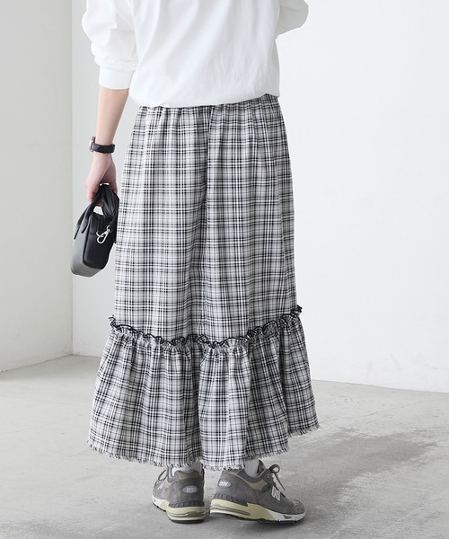 BONLECILL（ボンルシール）の「先染めチェックフリンジアシメスカート（スカート・レディース・レッド/ベージュ/ブラック・FREE）」の7枚目の写真