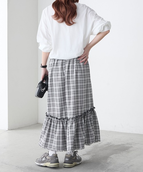 BONLECILL（ボンルシール）の「先染めチェックフリンジアシメスカート（スカート・レディース・レッド/ベージュ/ブラック・FREE）」の9枚目の写真