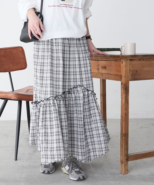 BONLECILL（ボンルシール）の「先染めチェックフリンジアシメスカート（スカート・レディース・レッド/ベージュ/ブラック・FREE）」の10枚目の写真