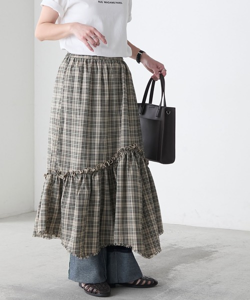 BONLECILL（ボンルシール）の「先染めチェックフリンジアシメスカート（スカート・レディース・レッド/ベージュ/ブラック・FREE）」の17枚目の写真