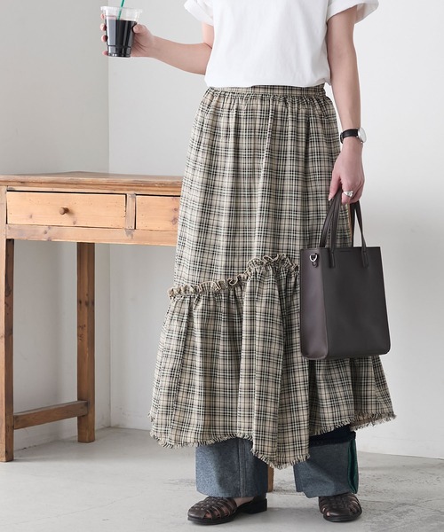 BONLECILL（ボンルシール）の「先染めチェックフリンジアシメスカート（スカート・レディース・レッド/ベージュ/ブラック・FREE）」の21枚目の写真